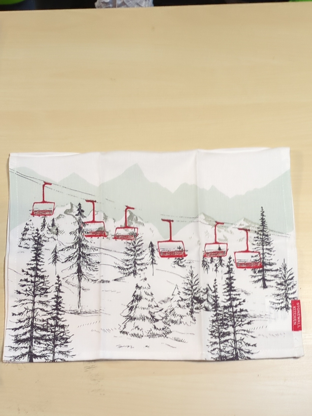 Ski Lift Print Tea Towel in White with Red and Sage